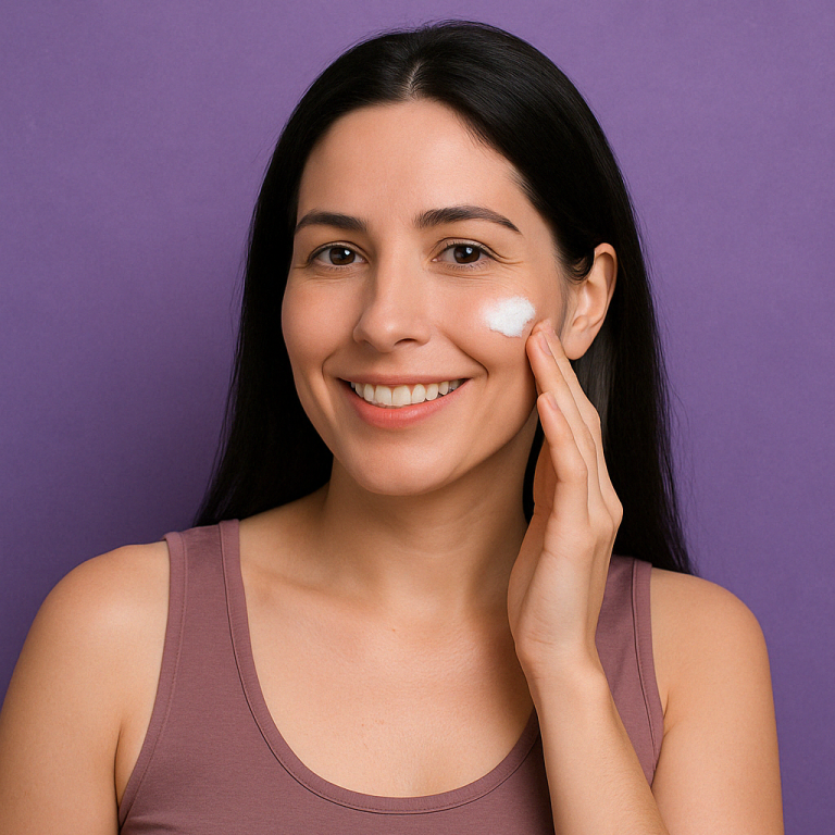 Aplicando crema facial con sonrisa